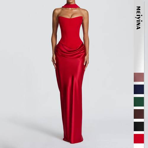 2026 New Solid Satin Strapless Bodycon Dress  Waist Cinch
