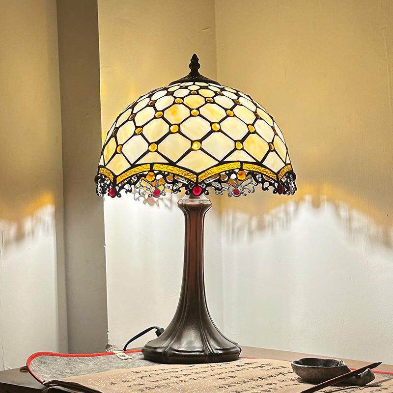 直销12寸珠帘欧式复古宫廷书房卧室床头灯手工彩玻LED台灯