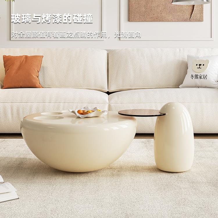 桐语特奶油风圆形客厅家用小户型现代简约北欧猫爪茶几大小圆茶几