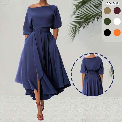 Plain Belted Split Boat Neck Dress Elegant Bishop Sleeve A