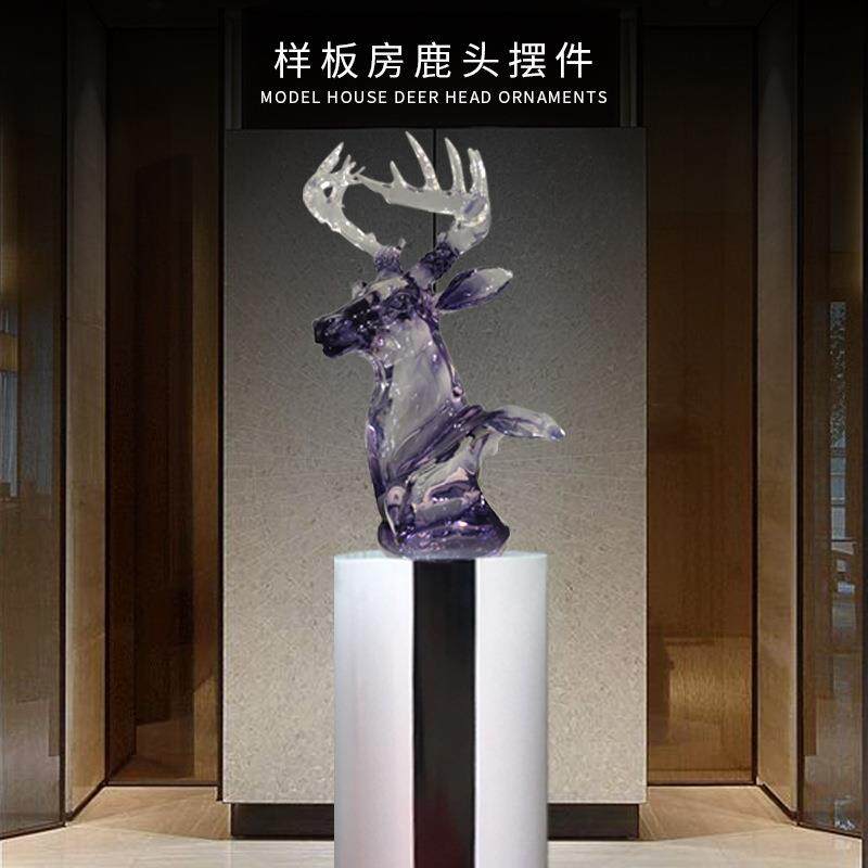 透明水晶鹿头树胶摆件客厅现代酒店大厅装饰品抽象家居创意摆件