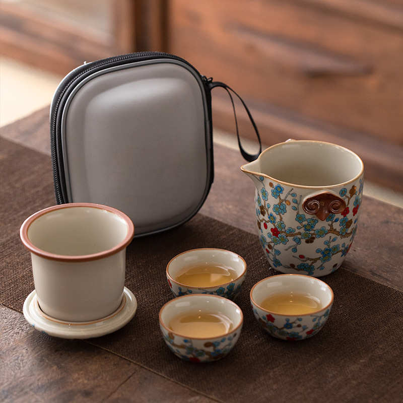 寻器高档汝窑金梅快客杯陶瓷旅行茶具一壶三杯户外便携式茶杯套装