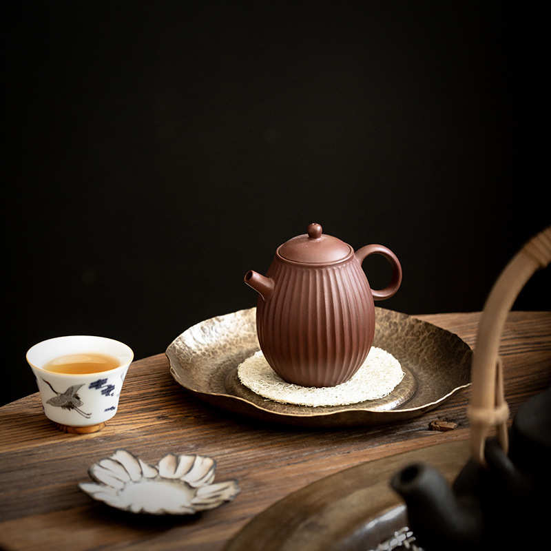 批发锤纹壶承纯铜干泡盘手工荷叶小茶盘茶壶托盘茶托壶垫茶具配件