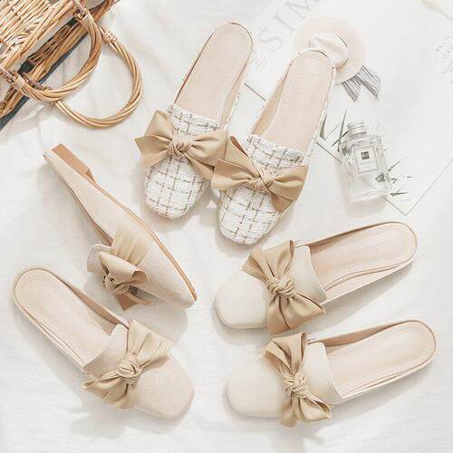 Women sandals and slippers包头凉拖鞋女外穿蝴蝶结方头半拖鞋子