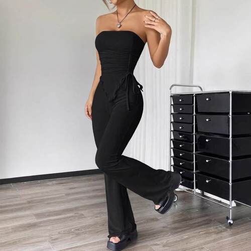 Solid Color Tube Top & Flare Leg Pants Two-Piece Set Casual