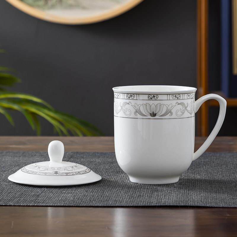 优级景德镇骨瓷茶杯带盖陶瓷杯子商务会议杯酒店瓷杯定制LOGO印字
