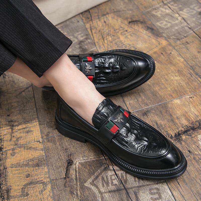 真皮鞋子男潮牌春秋款一脚蹬休闲皮鞋男士正装英伦风鳄鱼纹豆豆鞋