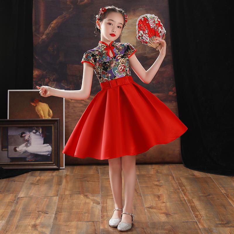高档儿童良旗袍红裙女孩夏季中式小改女孩t唐装表演服台装全国潮