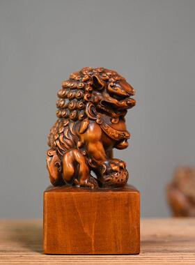 仿古黄杨木雕刻狮子摆件中式家居装饰品公室摆饰实木雕刻工艺品