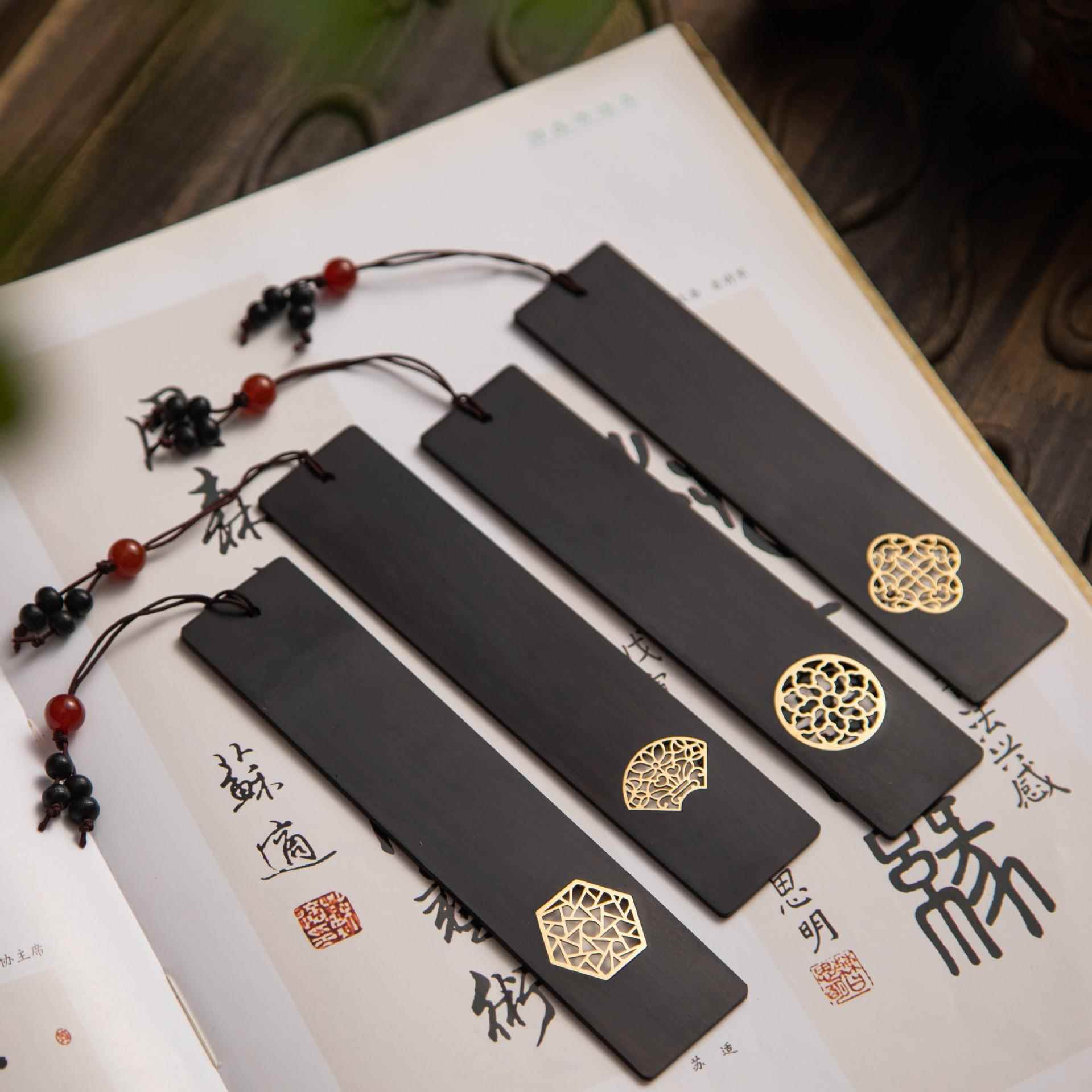 新款直销窗花书签镂空中式中国风古典木质文创产品黑檀木书签字笔