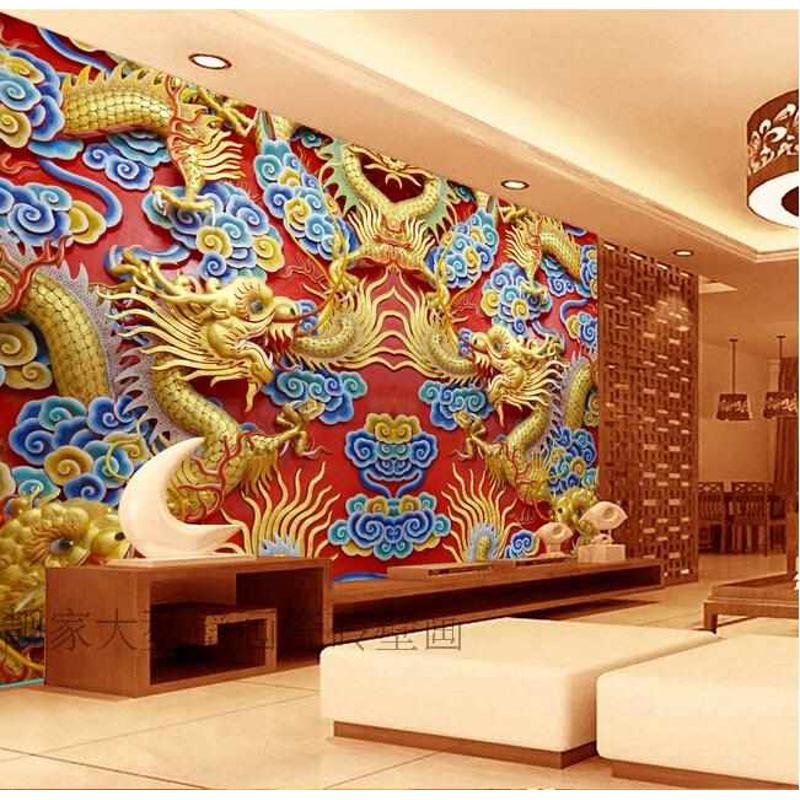 立体浮雕祥云双龙戏珠背景墙壁纸饭店酒楼宴会厅祠堂宗庙装饰壁画图片