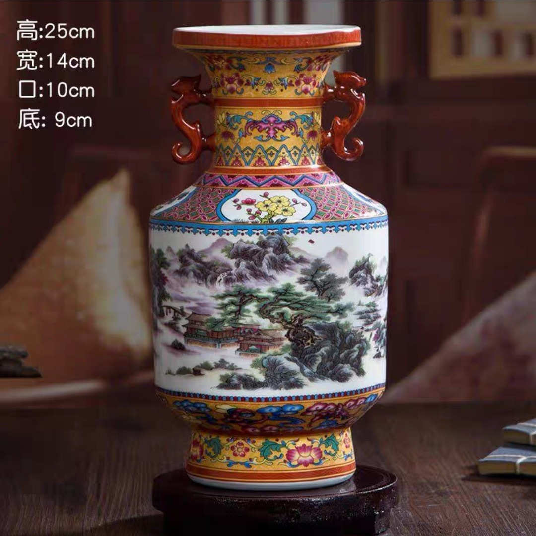 景德镇花瓶工艺品 装饰品珐琅摆  客厅双耳瓶陶瓷家居古典彩新品