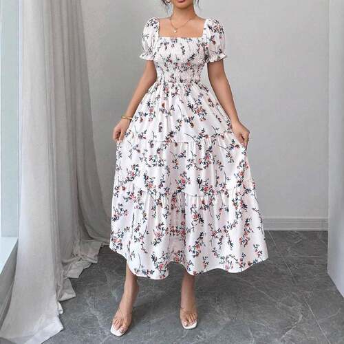 Women'S Floral Maxi Dresses Flowy Short Sleeve A Line