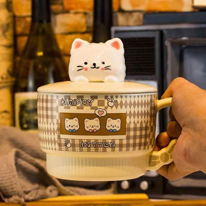 燕麦片碗早餐碗带勺子带盖子陶瓷马克杯大容量酸奶学生高颜值宿舍