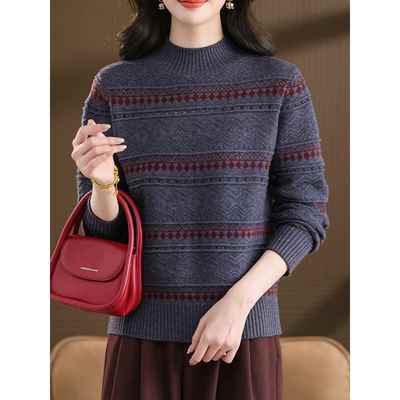ROUMIKL覆古菱格提花半高领毛衣女秋冬2025新款针织打底衫高级感