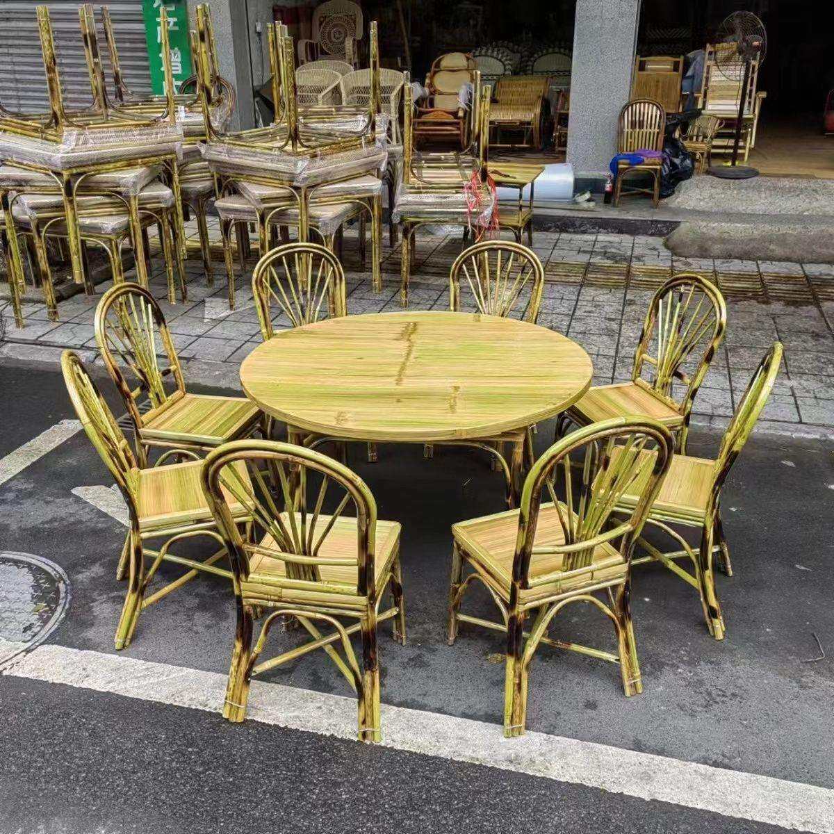 竹制复古餐桌农家乐大圆桌饭店火锅桌竹子桌椅家用竹桌椅休闲全套