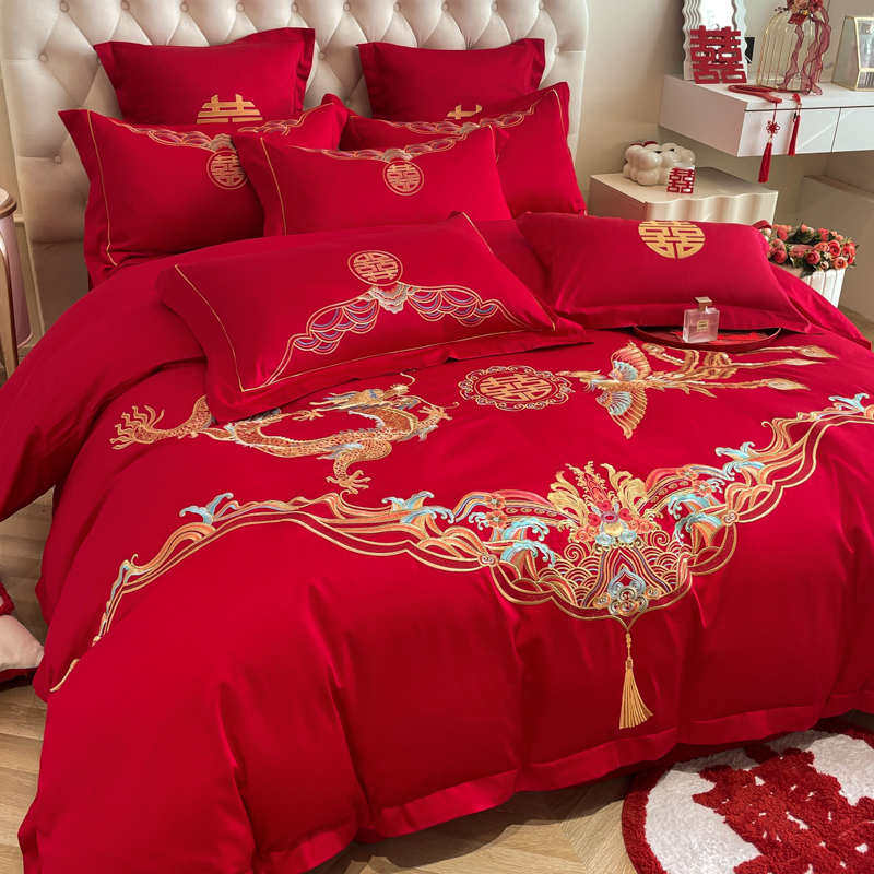 高档中式结婚床上用品四件套红色龙凤刺绣被套罩纯棉婚庆喜被备婚,床上用品,婚庆床品套件,淘宝优惠券,粉丝福利购,淘宝优惠卷