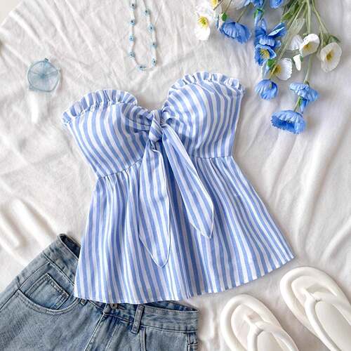 Womens Striped Print Knot Front Tube Top Casual Boho Fitted