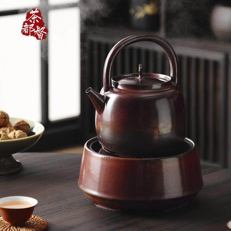 明德园 秋实砂铫提梁壶红泥柴烧釉烧煮水茶陶壶电陶炉煮茶器套装