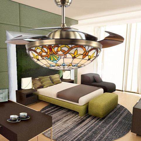 蒂凡尼隐形吊扇灯客厅餐厅风扇吊灯地中海木叶卧室风扇灯复古吊扇