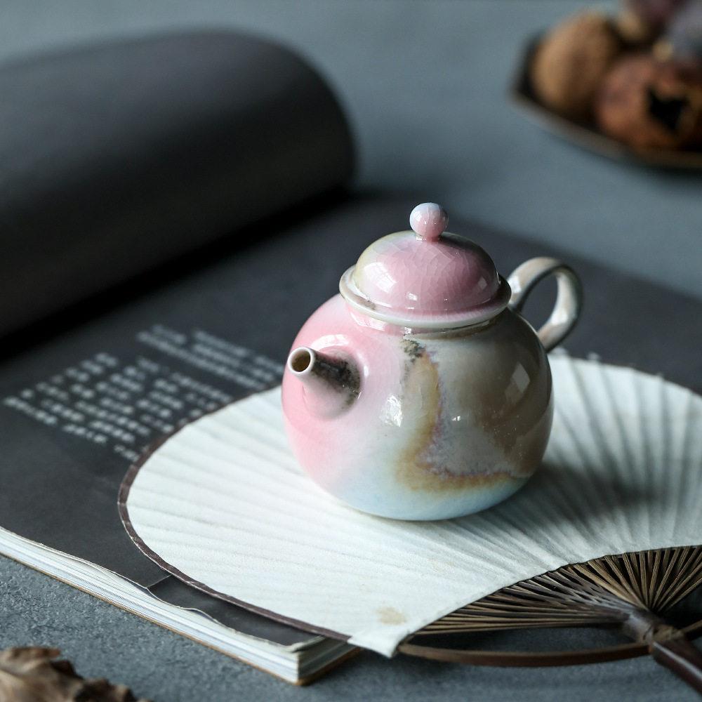 景德镇柴烧窑变小茶壶家用宋韵功夫茶具红妆极光手工素红冰裂茶壶