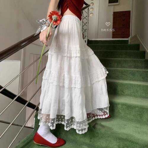 Lace Patchwork High Waist Long Skirt, Elegant Sweetheart