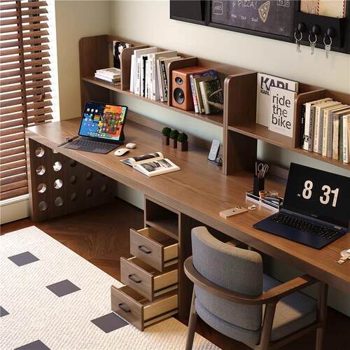 严选全实木双人书桌长条电脑桌卧室感办公桌学生学习桌家用写字台