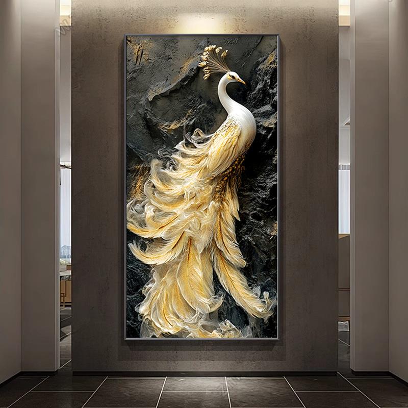 孔雀入户玄关装饰画轻奢高级感浮雕立体挂画走廊过道壁画