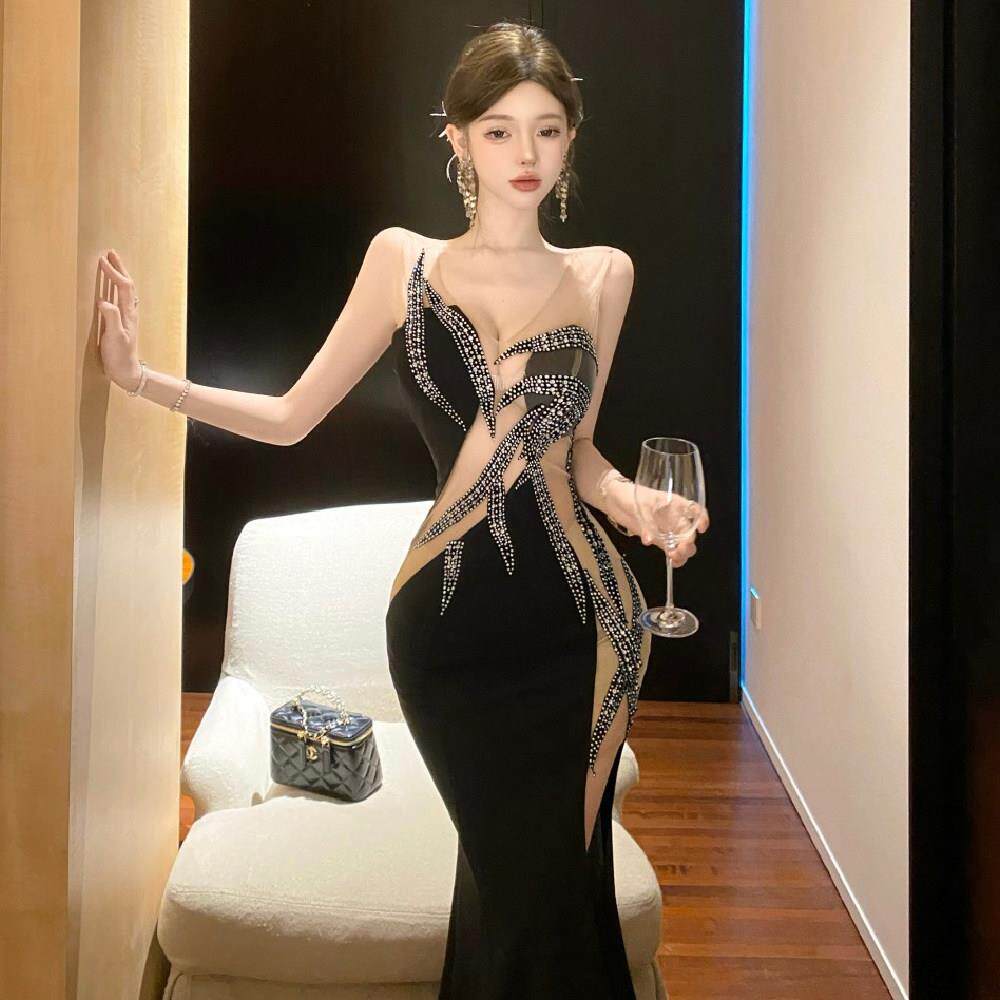 高级感气质名媛洋装欧美高开叉凸显身材露腿夜场女装显瘦礼服长裙