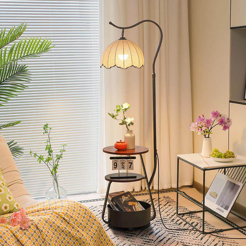 落地灯中古风卧室床头柜一体置物架台灯客厅沙发旁边氛围感覆古灯