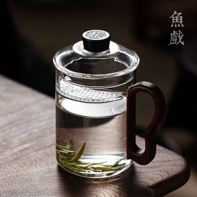 带盖月牙过滤玻璃杯水杯茶水分离办公室绿茶杯子日式耐高温泡茶杯