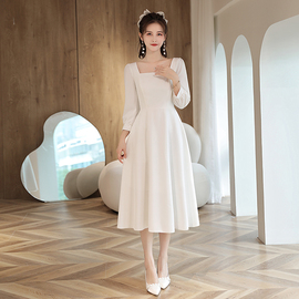 法式小白裙领证登记日常显瘦简约长袖礼服白裙子轻婚纱订婚连衣裙
