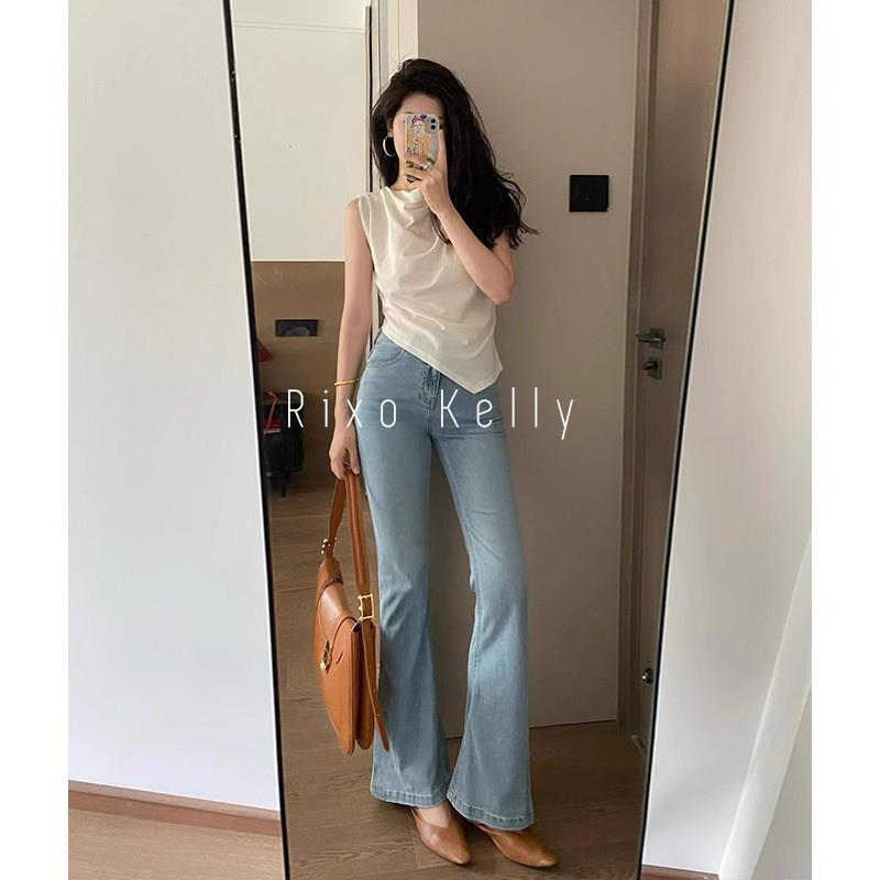 Rixo Kelly微喇裤女新款浅蓝牛仔喇叭裤高腰设计感修身显瘦马蹄裤