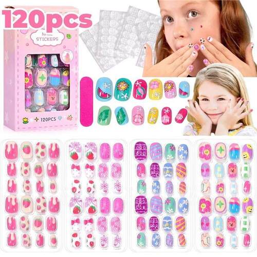 120Pcs Childrens Press on Nails Kids Cartoon Acrylic Fake N