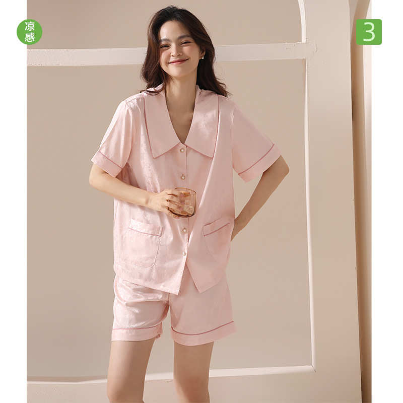 【冰雪丝】春夏季冰丝睡衣女士薄款凉感短袖仿真丝睡衣家居服套装