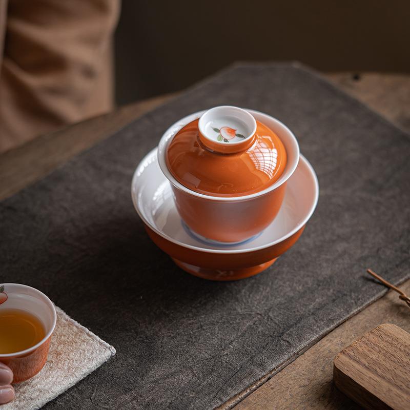 手绘寿桃盖碗仿古陶瓷功夫茶具茶碗防烫三才文人泡茶碗
