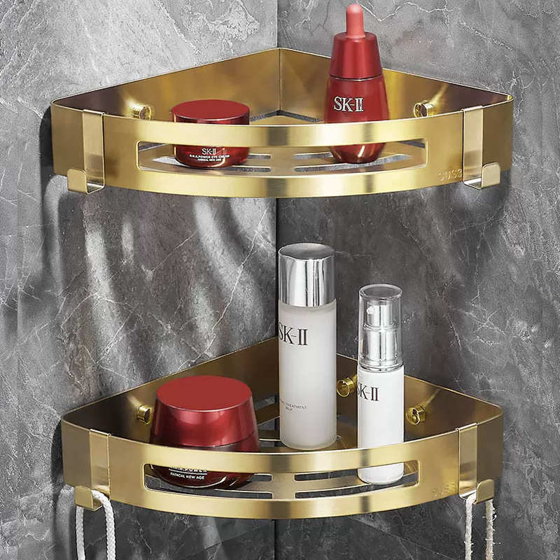 浴室置物架拉丝金色304不锈钢双层三角篮厕所壁轻奢卫生间收纳架