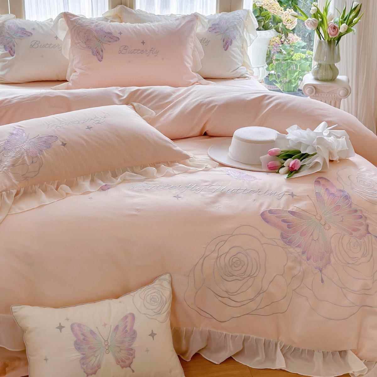 浪漫蝴蝶全棉100s双股澳棉刺绣公主风别墅款被单床罩四件套