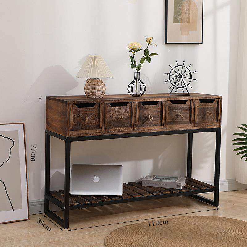 高档美式阳台花物架实木储物收纳柜复置古阳关台窄条桌铁艺架入户