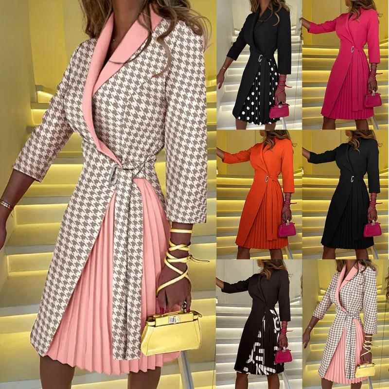 Womens V-neck fashionable tie waist mid-sleeve pleated