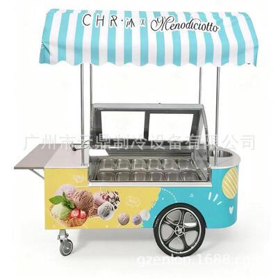厂家供应 户外10盘雪糕手推车110V gelato cart 冰淇淋摆摊车