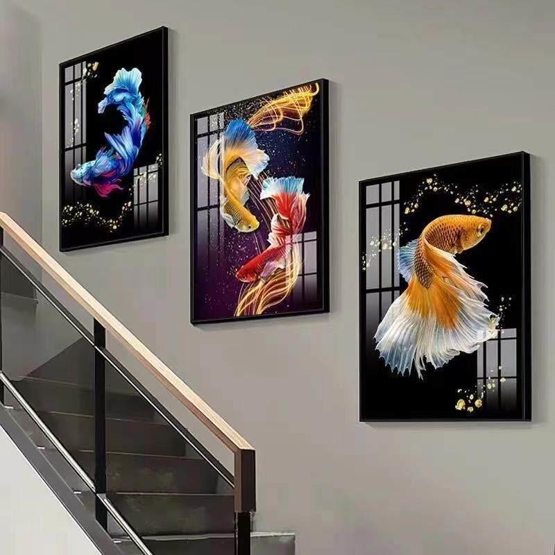 覆式楼梯口简约现代轻奢装饰画时尚北欧浪漫楼道玻璃有框三联挂画
