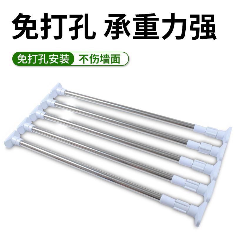 厂家伸缩浴帘杆加厚不锈钢大方头免打孔晾衣窗帘杆卧室支撑杆现货