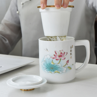 羊脂玉陶瓷马克杯带盖茶水分离过滤办公室泡茶杯带手柄家用饮水杯
