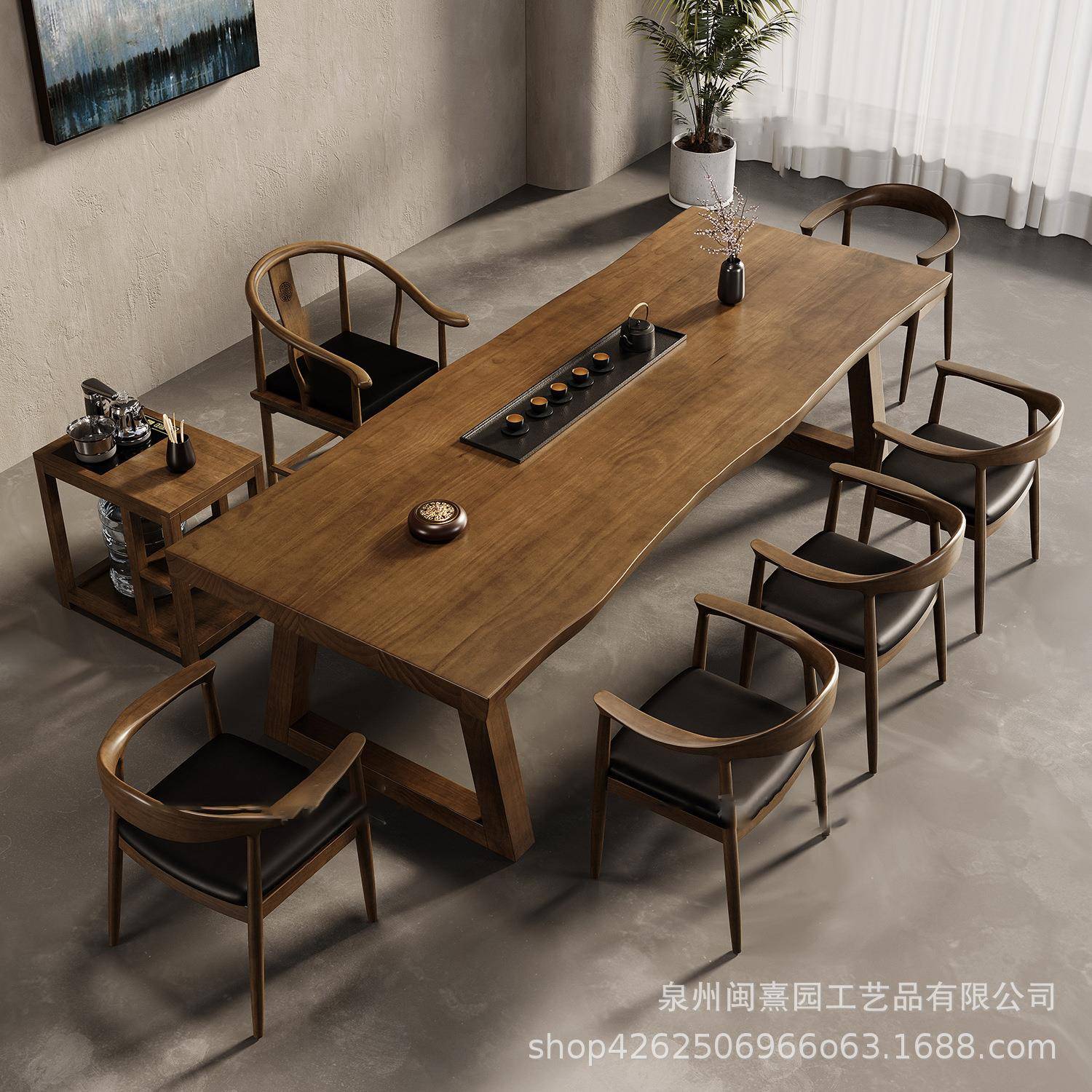 新中式实木大板复古泡茶桌子简约创意板式休闲接待茶台喝茶桌椅