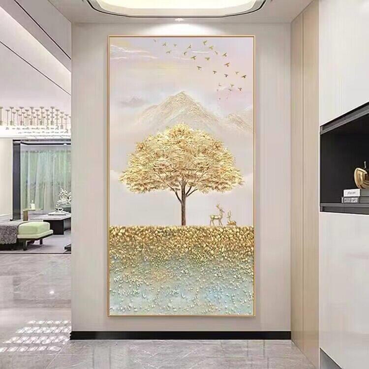 新款直销纯手绘油画发财树玄关装饰画福鹿肌理画走廊过道入户进门