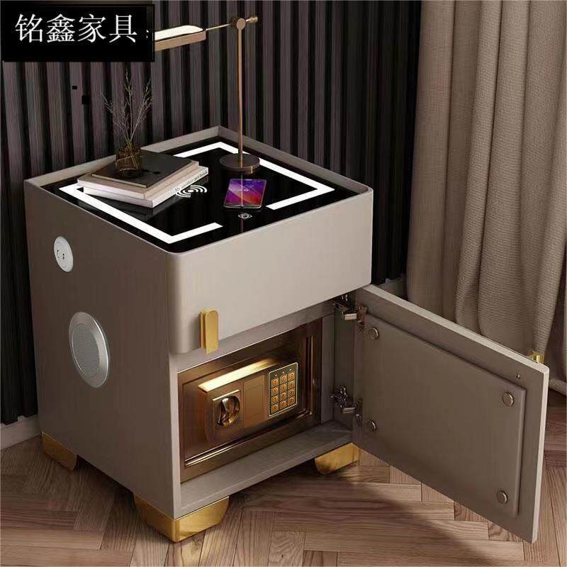实木方边柜智能床头柜带保险箱一体无线充电轻奢家用床边柜收纳柜