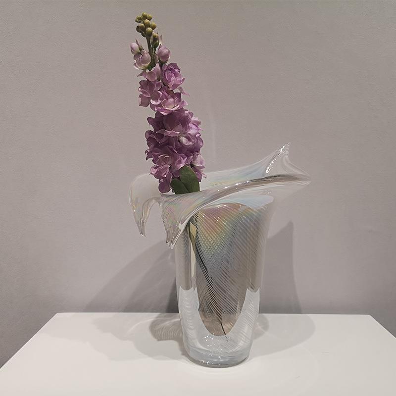 现代艺术简约琉璃花瓶条纹炫彩花器样板间喇叭玻璃装饰品家居摆件