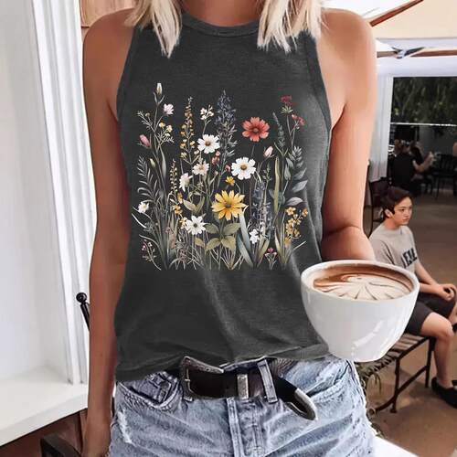 Women's Floral Print Round Neck Tank Top, Casual Sleeveless