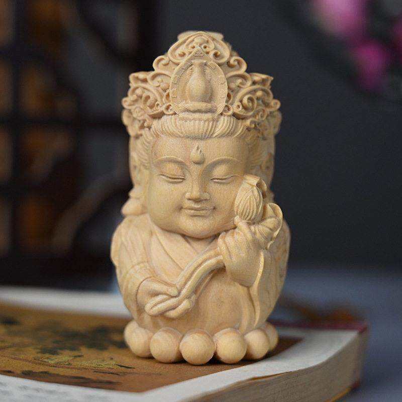 黄杨木文殊菩萨Q版手把件文玩工艺品摆件木雕刻礼品汽车装饰品